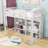 Wood Twin Loft Bed with Large Open Storage Shelves for Adults, Kids