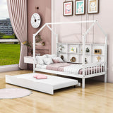 Twin Size Kids House Bed Frame with Twin Trundle and Shelf above Bed