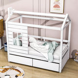 Kids Twin Size Wood House Bed with Rails Storage Drawers