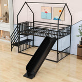 Metal House Twin Loft Bunk Beds for Kids with Stairs and Slide - [Low]