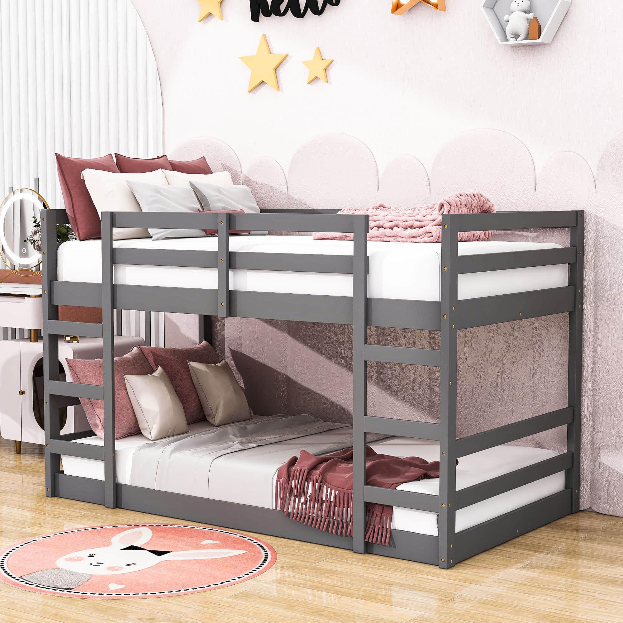 Montessori Low Twin Over Twin Bunk Beds for Kids Toddler - Wooden