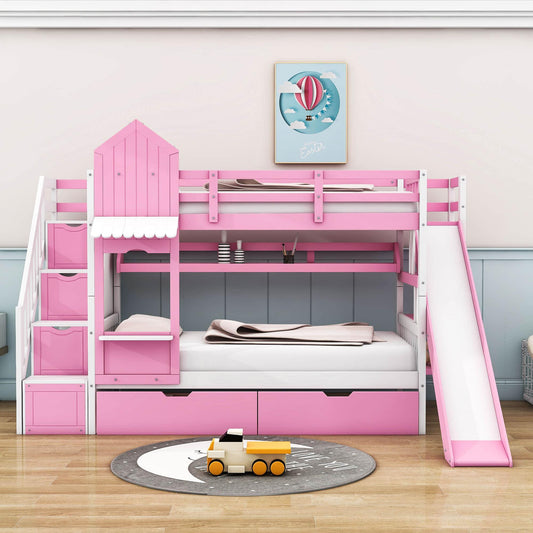 Girls Twin Over Twin Castle Bunk Bed with Slide and Stairs, Storage