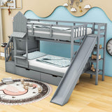 Girls Twin Over Twin Castle Bunk Bed with Slide and Stairs, Storage