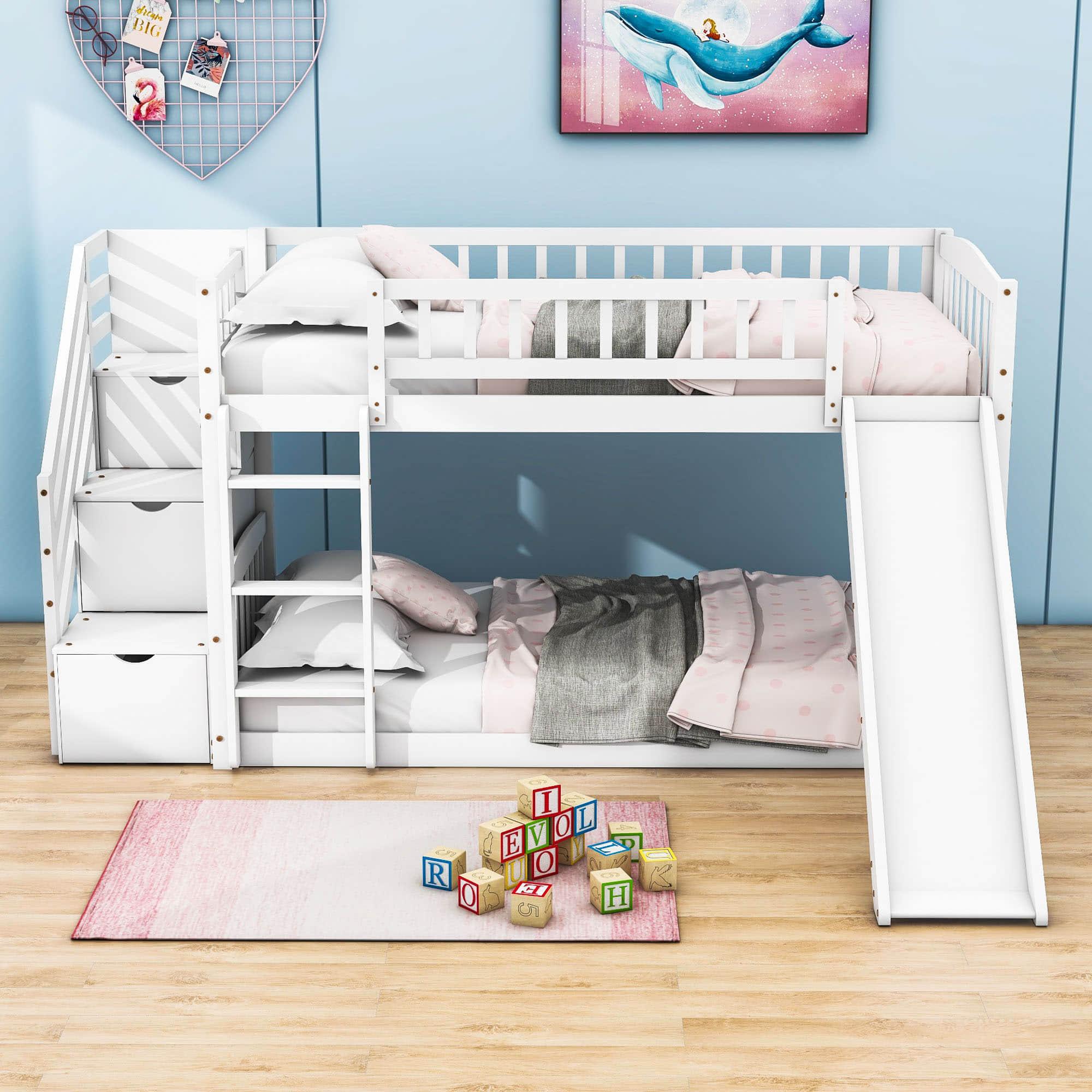 Twin Over Twin Bunk Beds with Slide and Stairs for Kids, Toddler - [Storage, Wood, Interchangeable]