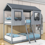 Twin Over Twin House Bunk Beds for Kids Toddler - Wooden, Low, Floor