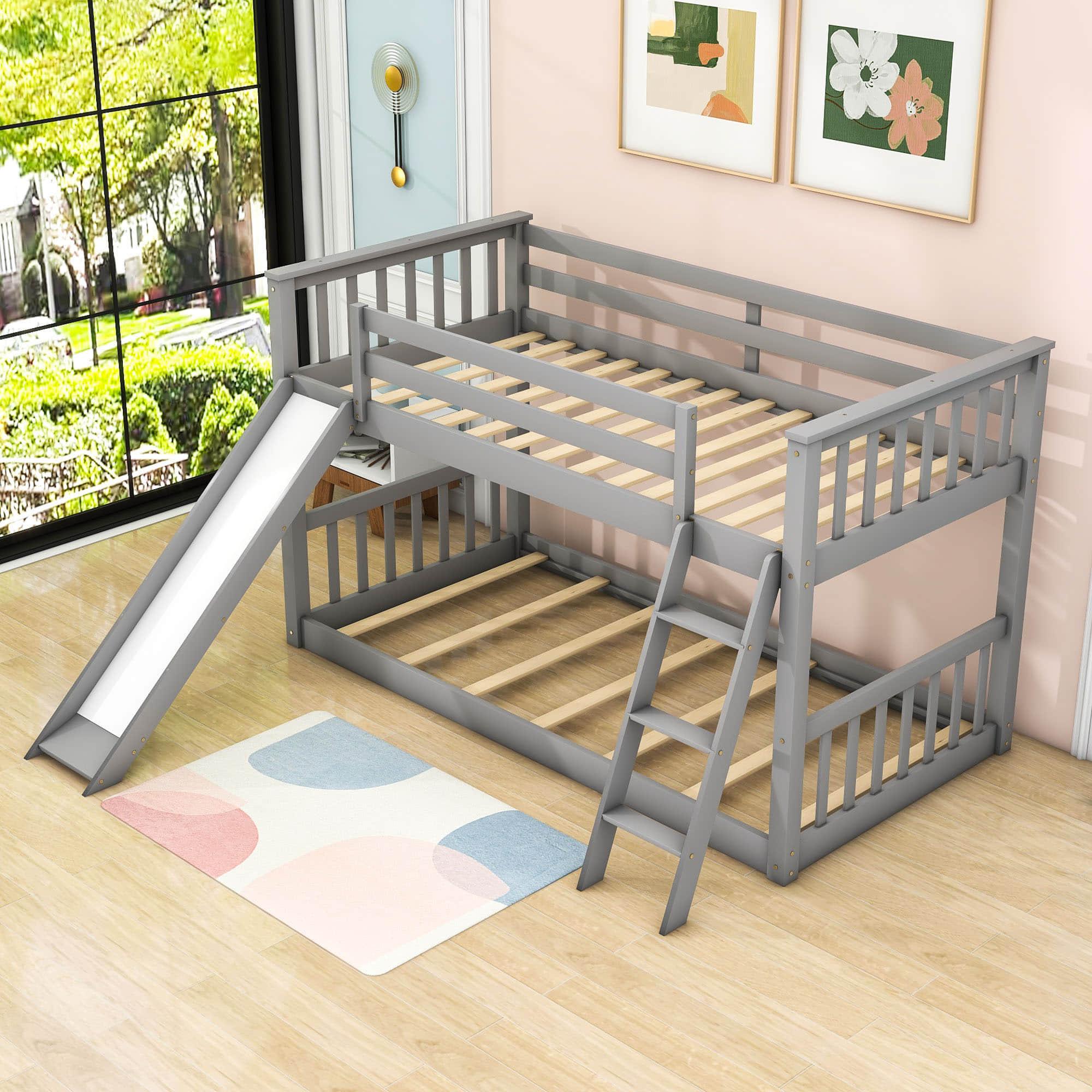 Low Twin Over Twin Bunk Beds with Slide for Kids Toddler - [Wooden, Floor, Interchangeable]