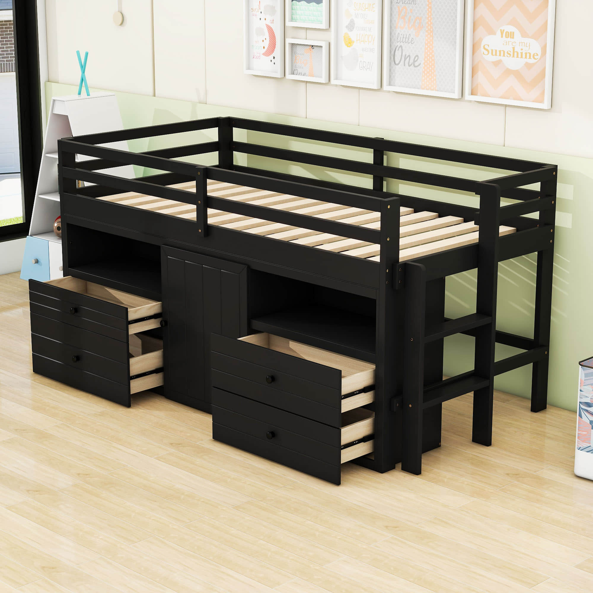 Low Twin Loft Bed Frame with Storage for Kids - [Drawers, Cabinet, Shelves]