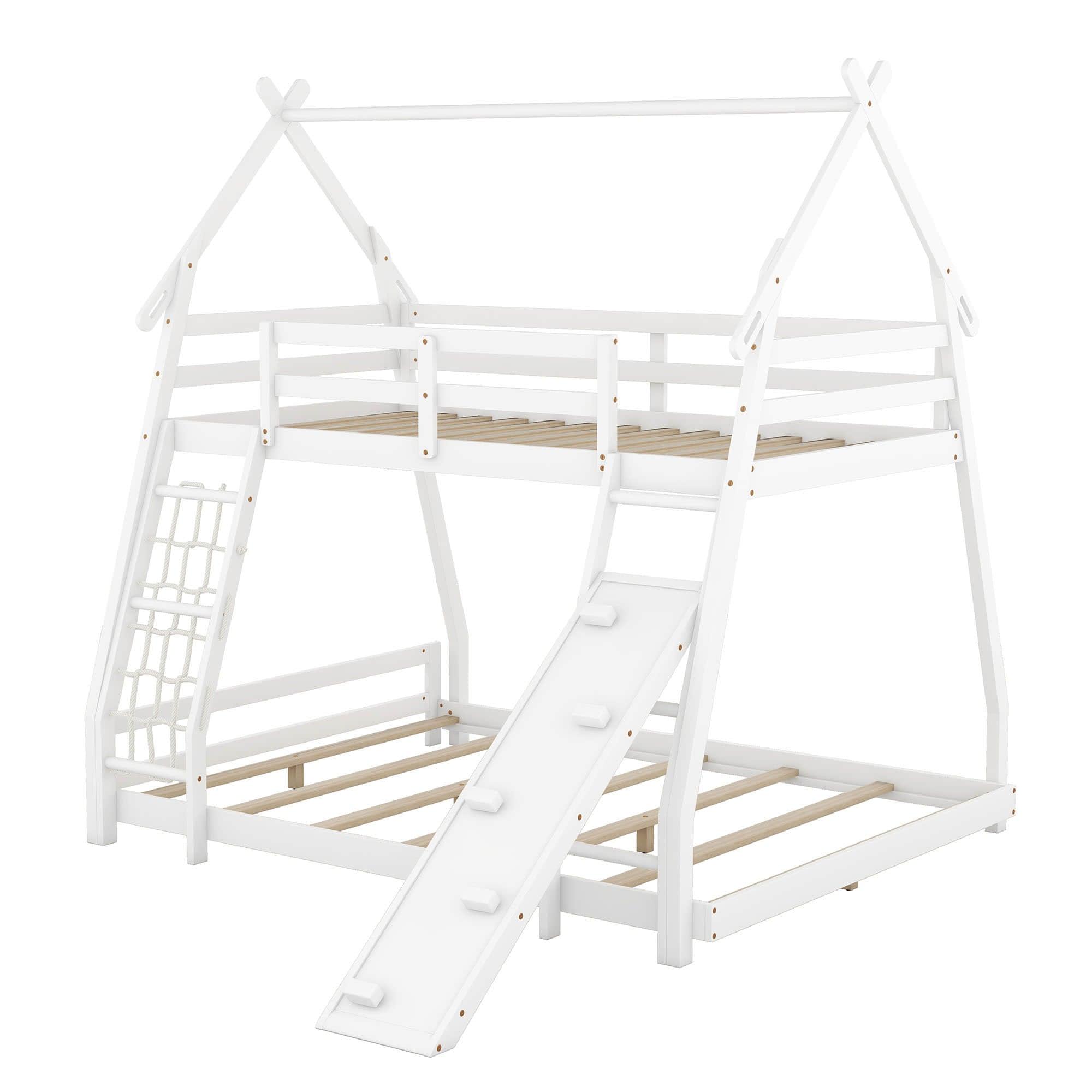 Low Twin Over Queen House Bunk Beds with Climbing Ramp & Nets - [Wooden]