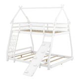 Low Twin Over Queen House Bunk Beds with Climbing Ramp & Nets - [Wooden]