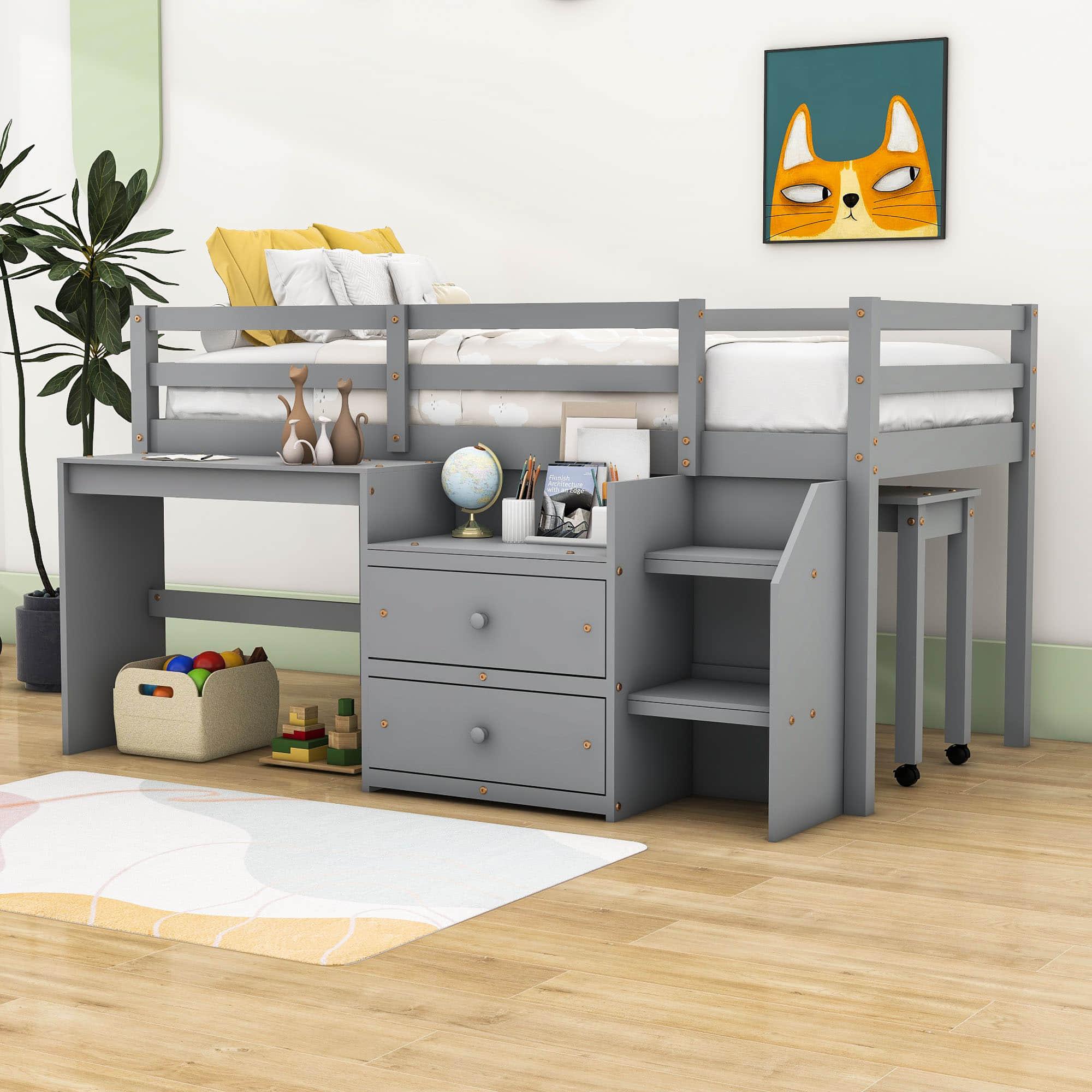 Twin Size Kids Low Loft Bed with Desk, Stairs and Storage Drawers