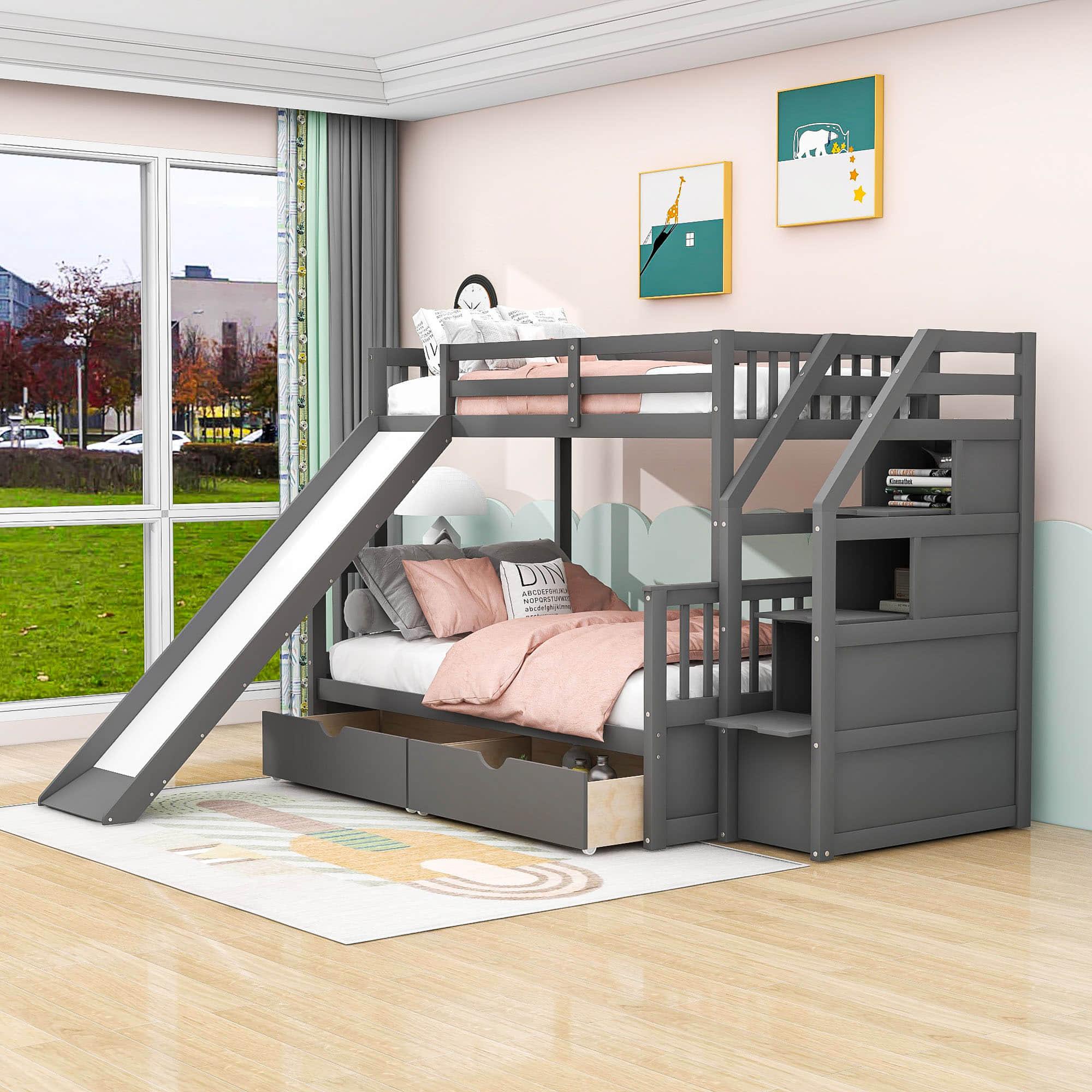 Twin Over Full Bunk Beds with Slide and Stairs, Storage for Kids - [Drawers, Cabinet]