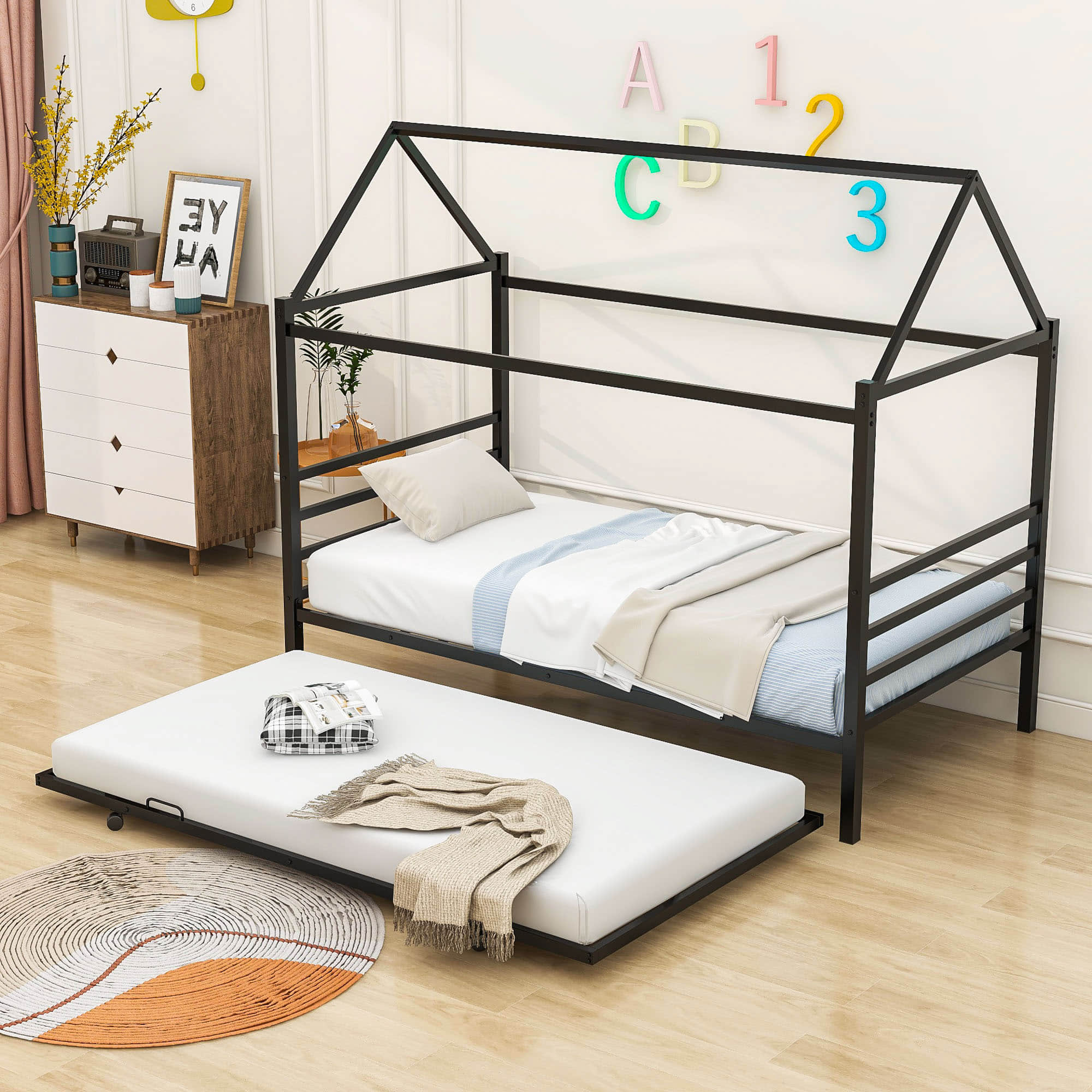 Metal Twin House Bed Frame with Twin Trundle Bed and Headboard