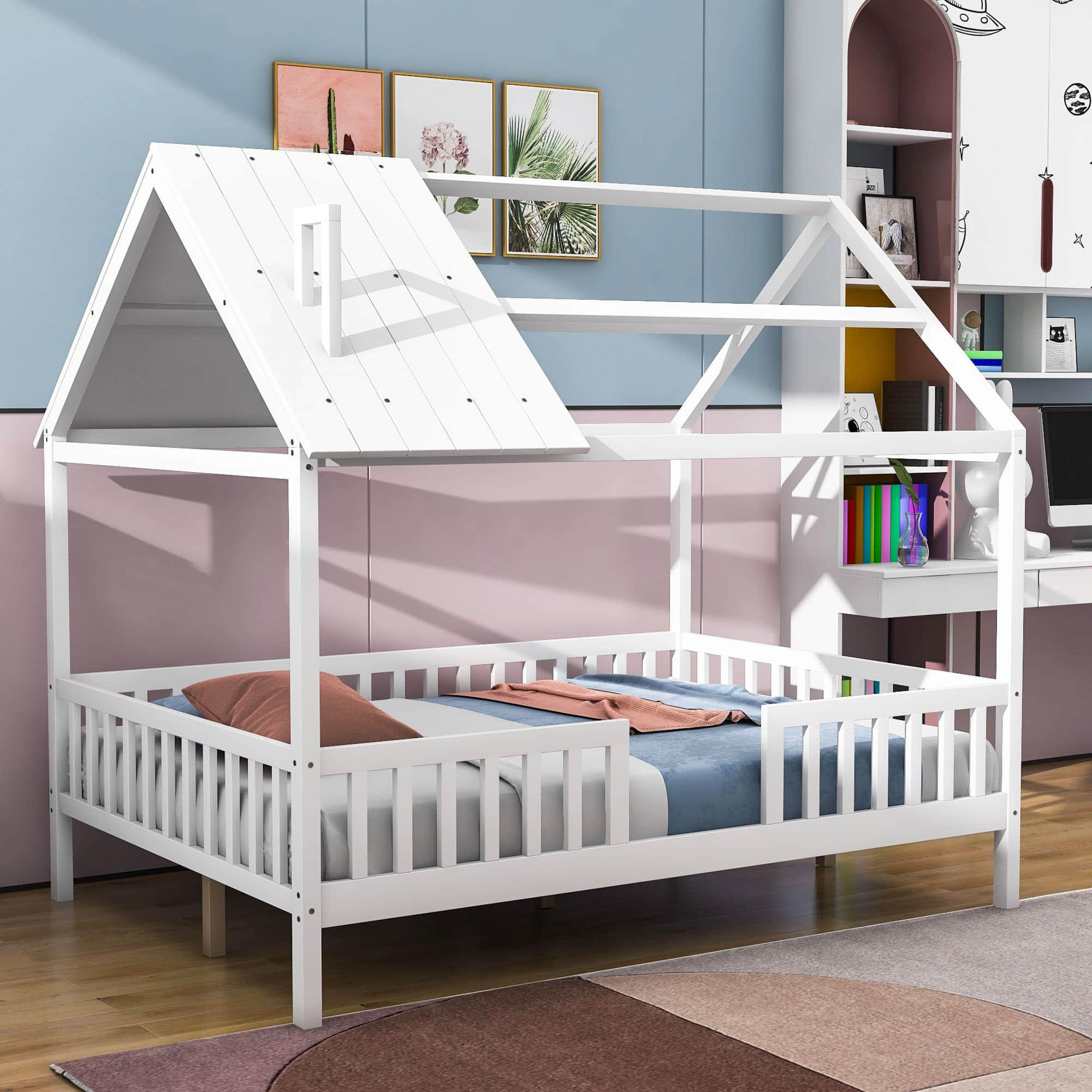 Full Wooden Kids Low Montessori Farmhouse Bed Frame with Rails