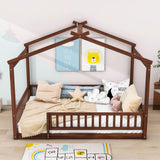 Full Size Wood House Kids Toddler Floor Bed with Rails