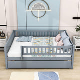 Wooden Full Size Low Kids Bed with Twin Size Trundle and Rails