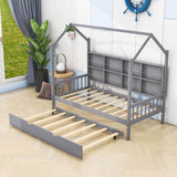 Twin Size Kids House Bed Frame with Twin Trundle and Shelf above Bed