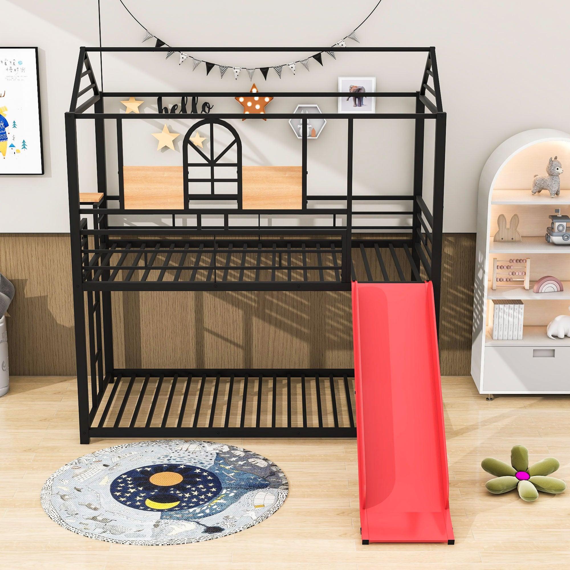 Low House Twin Over Twin Bunk Beds with Slide for Kids Toddler - [Metal]