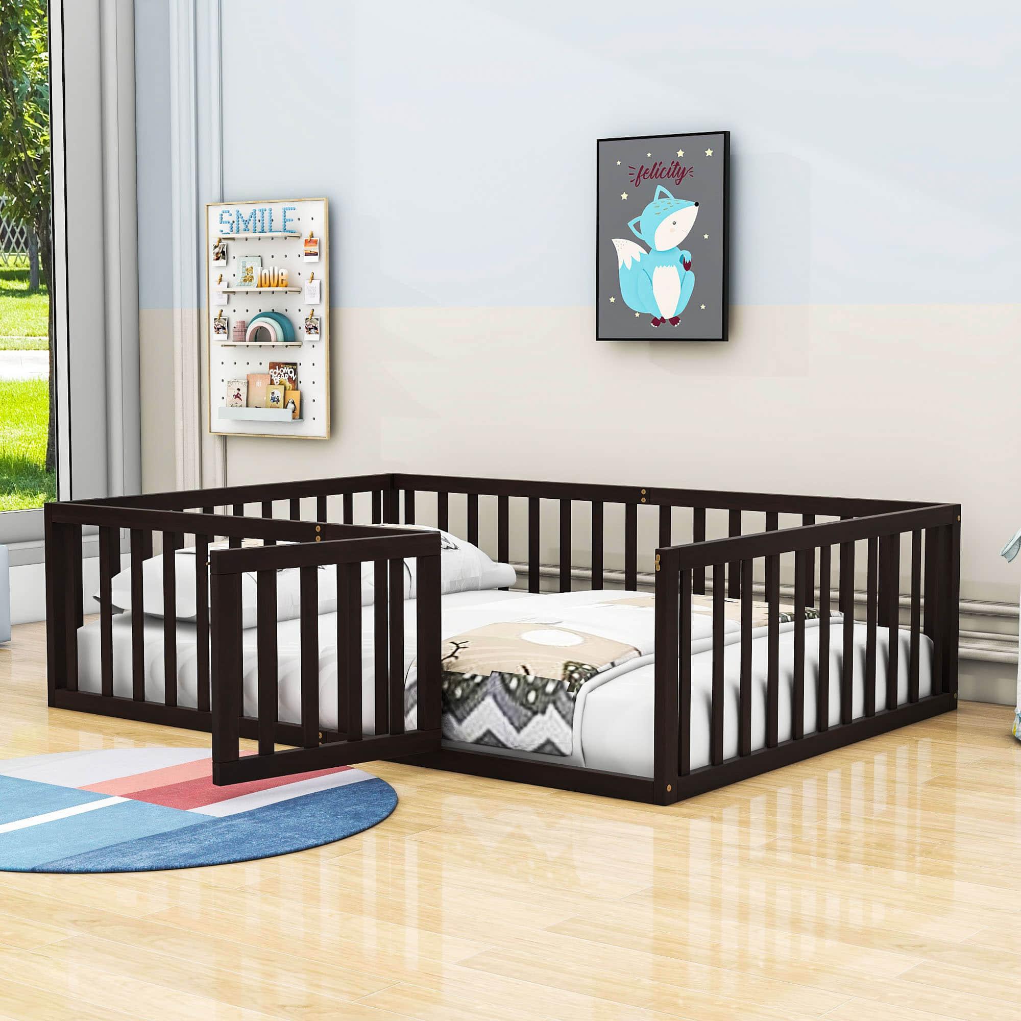 Wooden Full Size Floor Toddler Bed with Rails