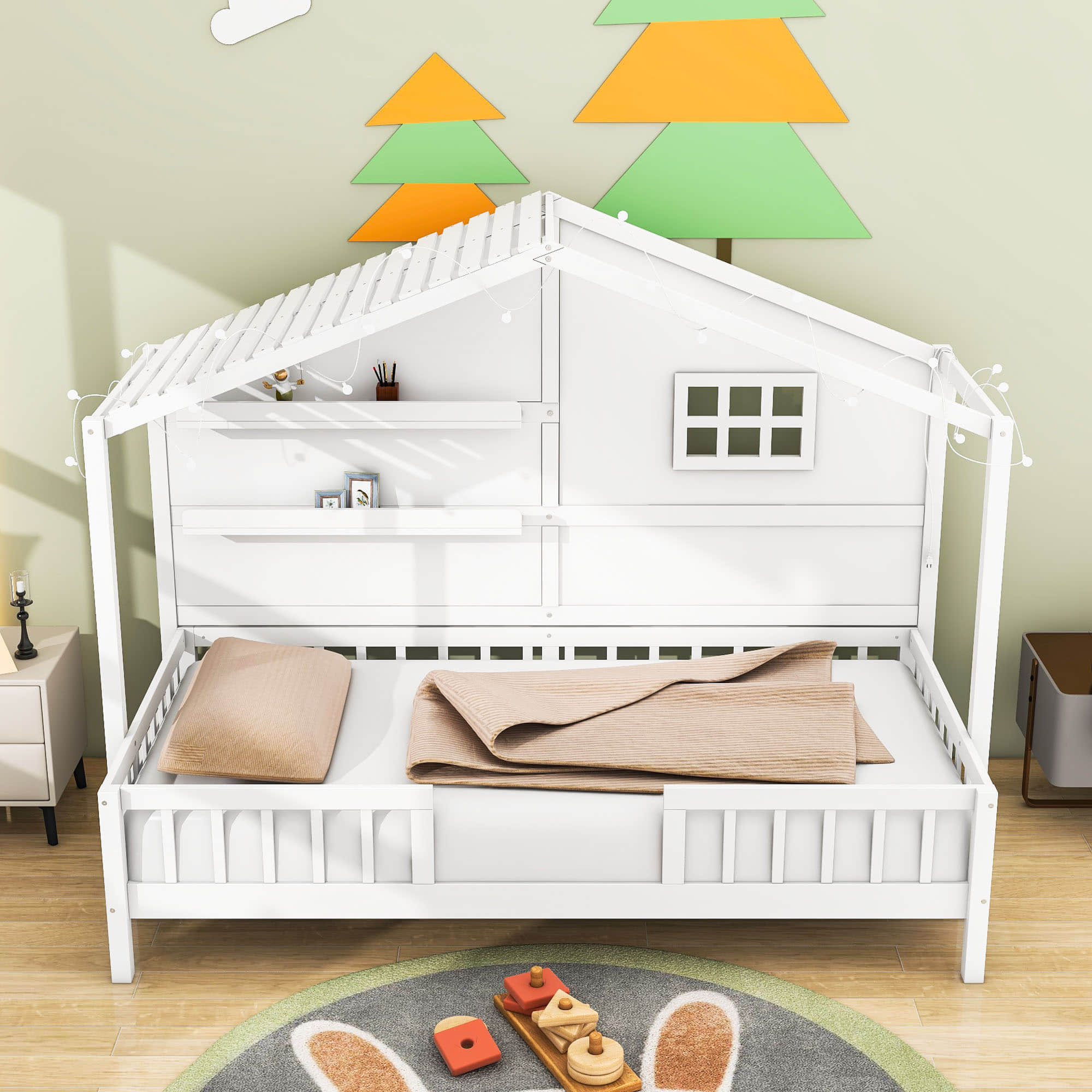 Low Profile Twin House Bed Frame for Kids with Rails and Light Strip