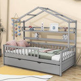 Wood Twin Size Low House Bed Frame with Storage and Twin Trundle Bed