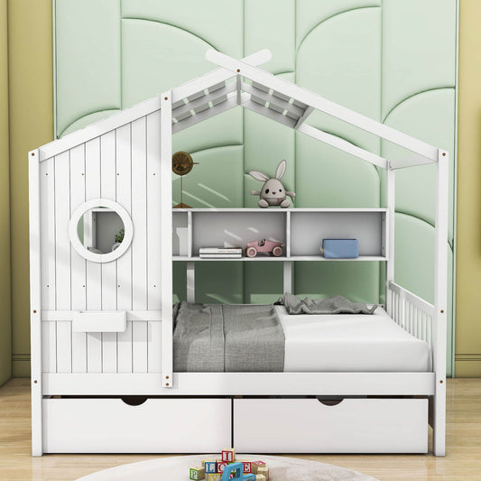 Kids Wooden Full Size House Bed with Storage Drawers, Shelves