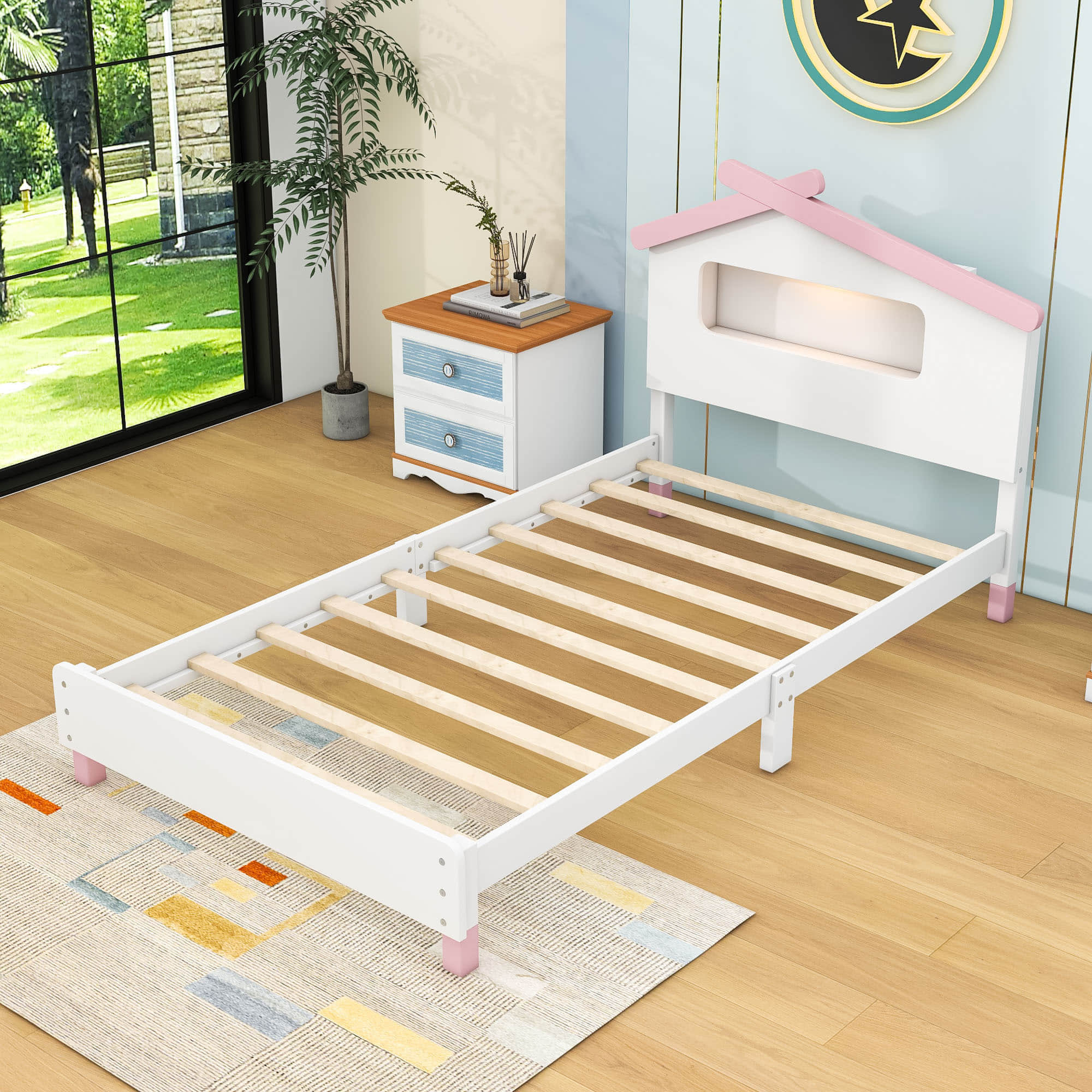 Kids Twin Platform Bed with House-Shaped Headboard and LED Lights