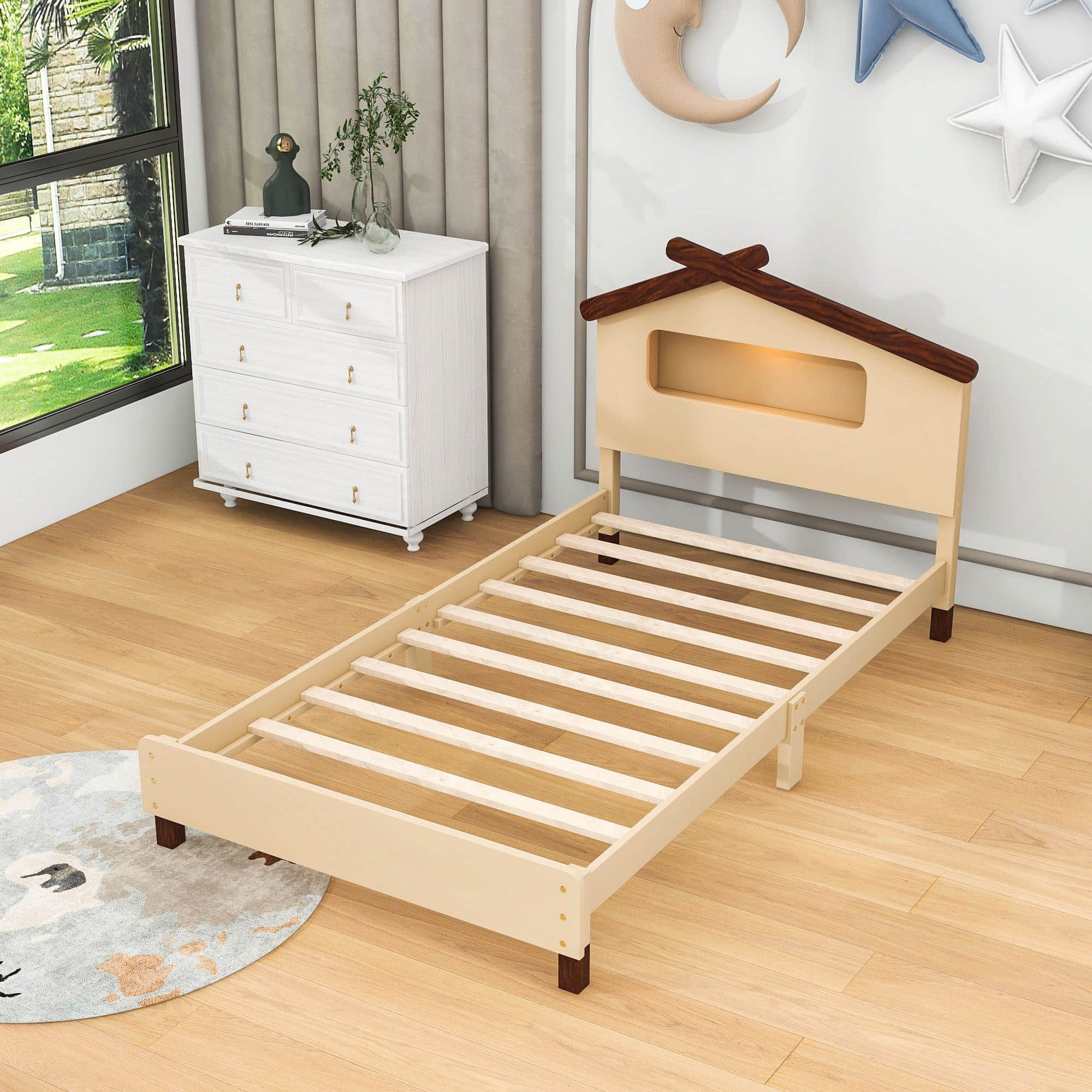 Kids Twin Platform Bed with House-Shaped Headboard and LED Lights