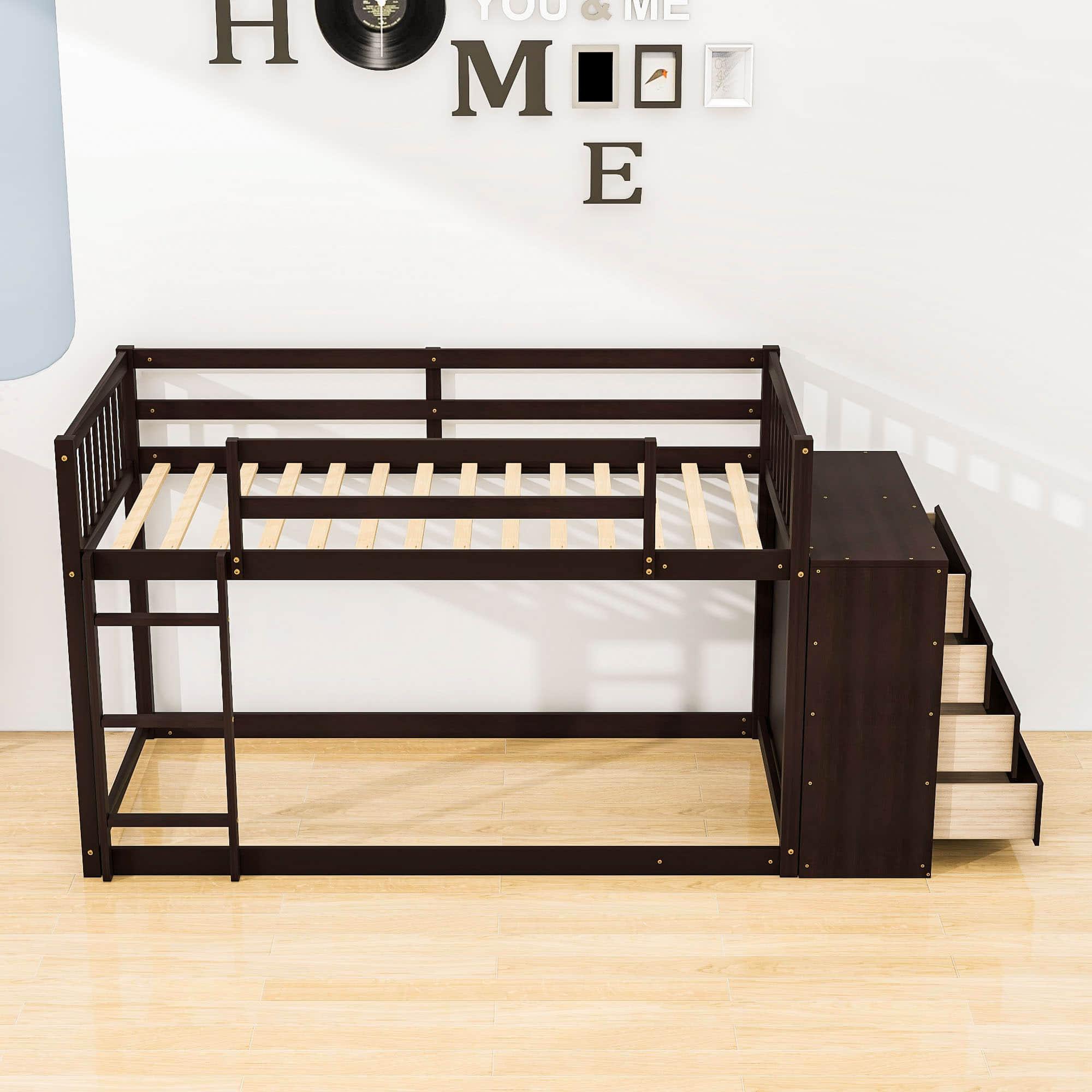 Low Twin Over Twin Bunk Beds with Detachable Storage Dresser - [Drawers, Shelves]