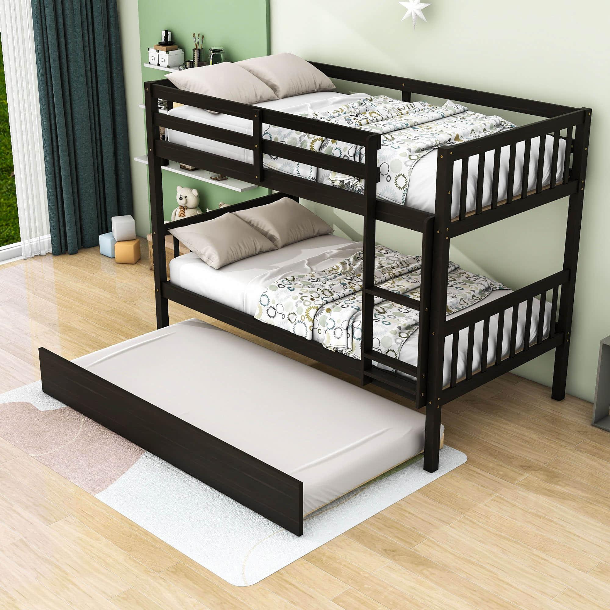 Convertible Twin Over Twin Bunk Beds with Trundle for Kids, Teens - [Solid Wood]