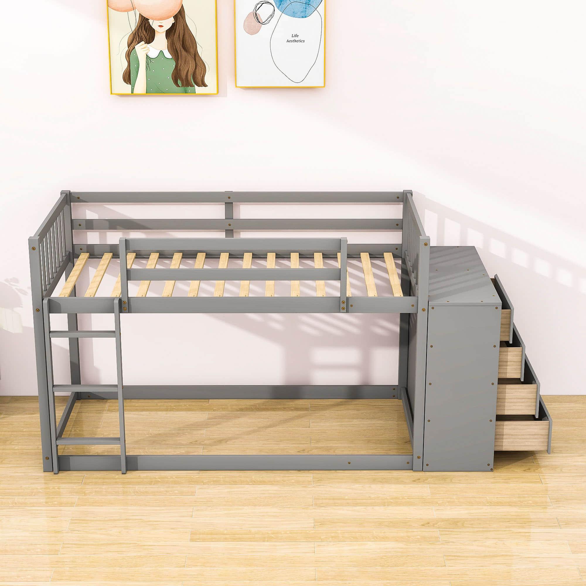 Low Twin Over Twin Bunk Beds with Detachable Storage Dresser - [Drawers, Shelves]