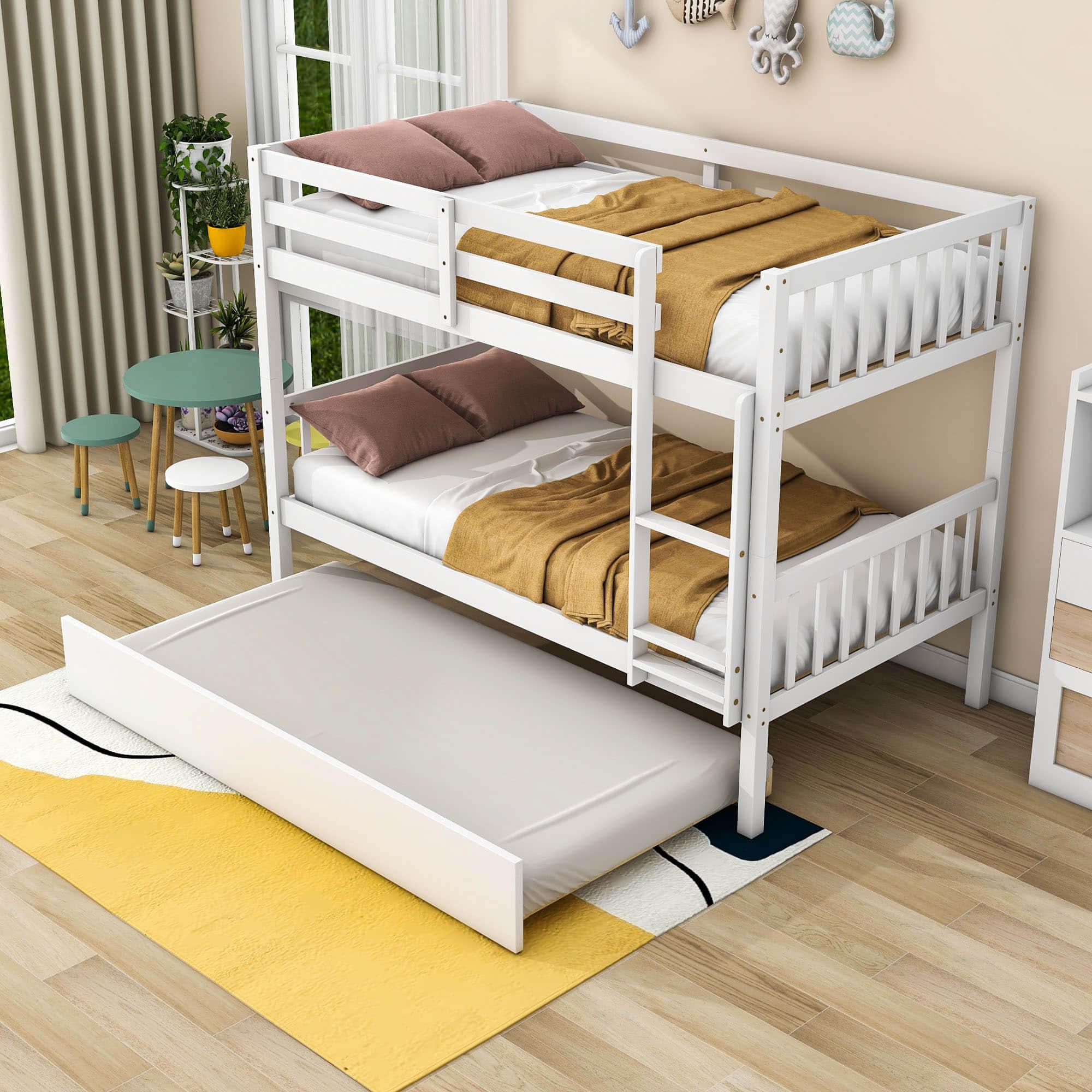 Convertible Twin Over Twin Bunk Beds with Trundle for Kids, Teens - [Solid Wood]