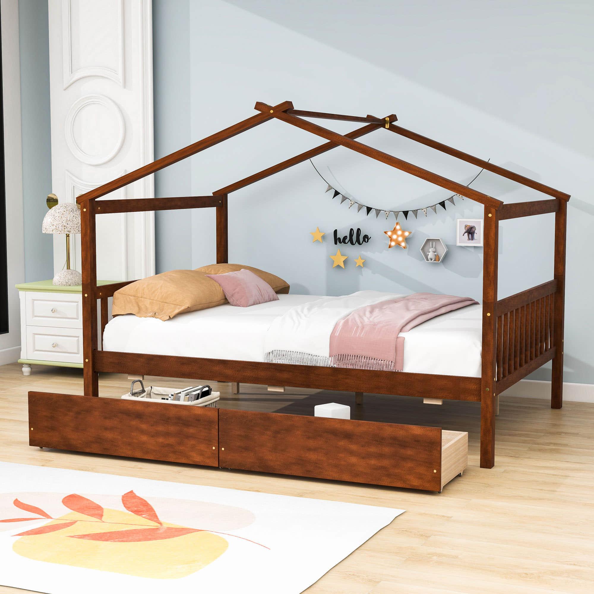 Wooden Full Size House Bed with Storage Drawers for Kids