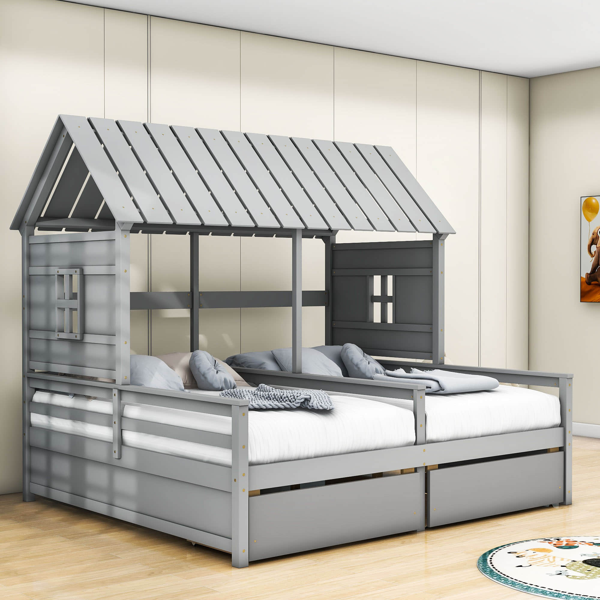 Wooden Double Twin Size House Platform Beds with Storage for 2 Kids