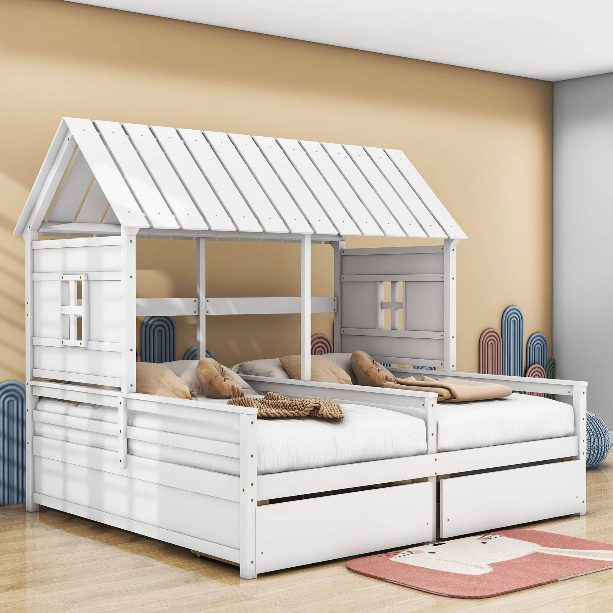 Wooden Double Twin Size House Platform Beds with Storage for 2 Kids