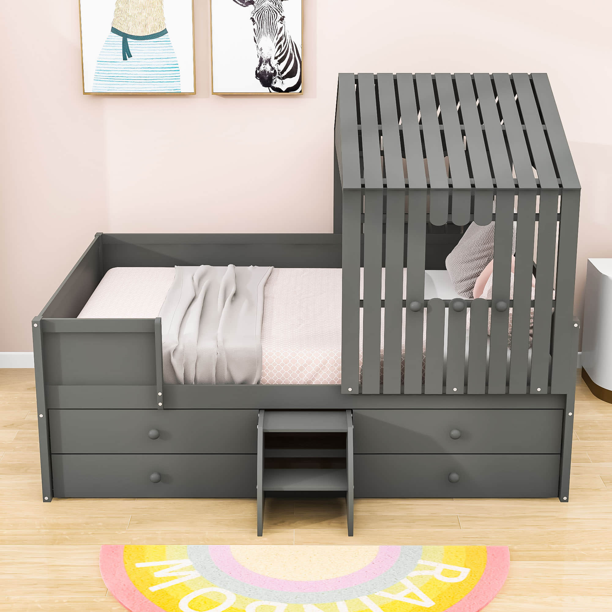 Full Size Low House Toddler Loft Bed with Stairs and Storage - [2 Steps]