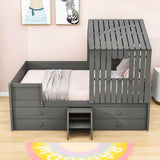 Full Size Low House Toddler Loft Bed with Stairs and Storage - [2 Steps]