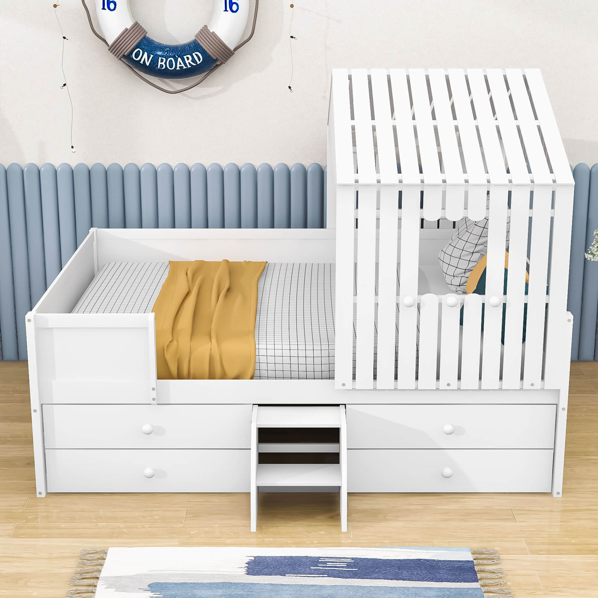 Full Size Low House Toddler Loft Bed with Stairs and Storage - [2 Steps]