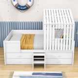 Full Size Low House Toddler Loft Bed with Stairs and Storage - [2 Steps]