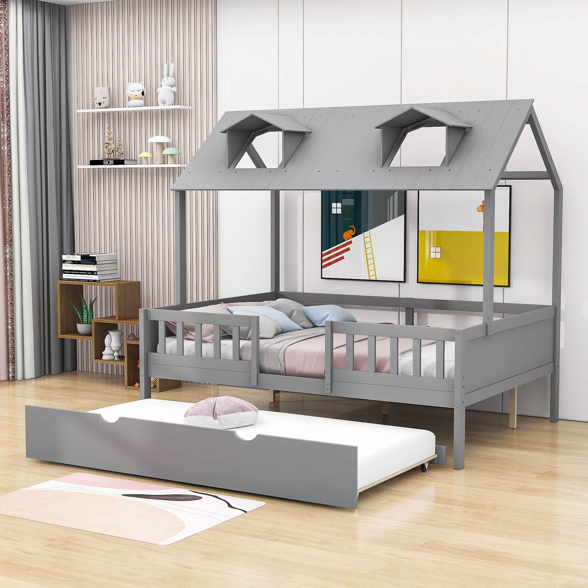 Wooden Full Size Kids House Bed with Rails and Twin Trundle Bed