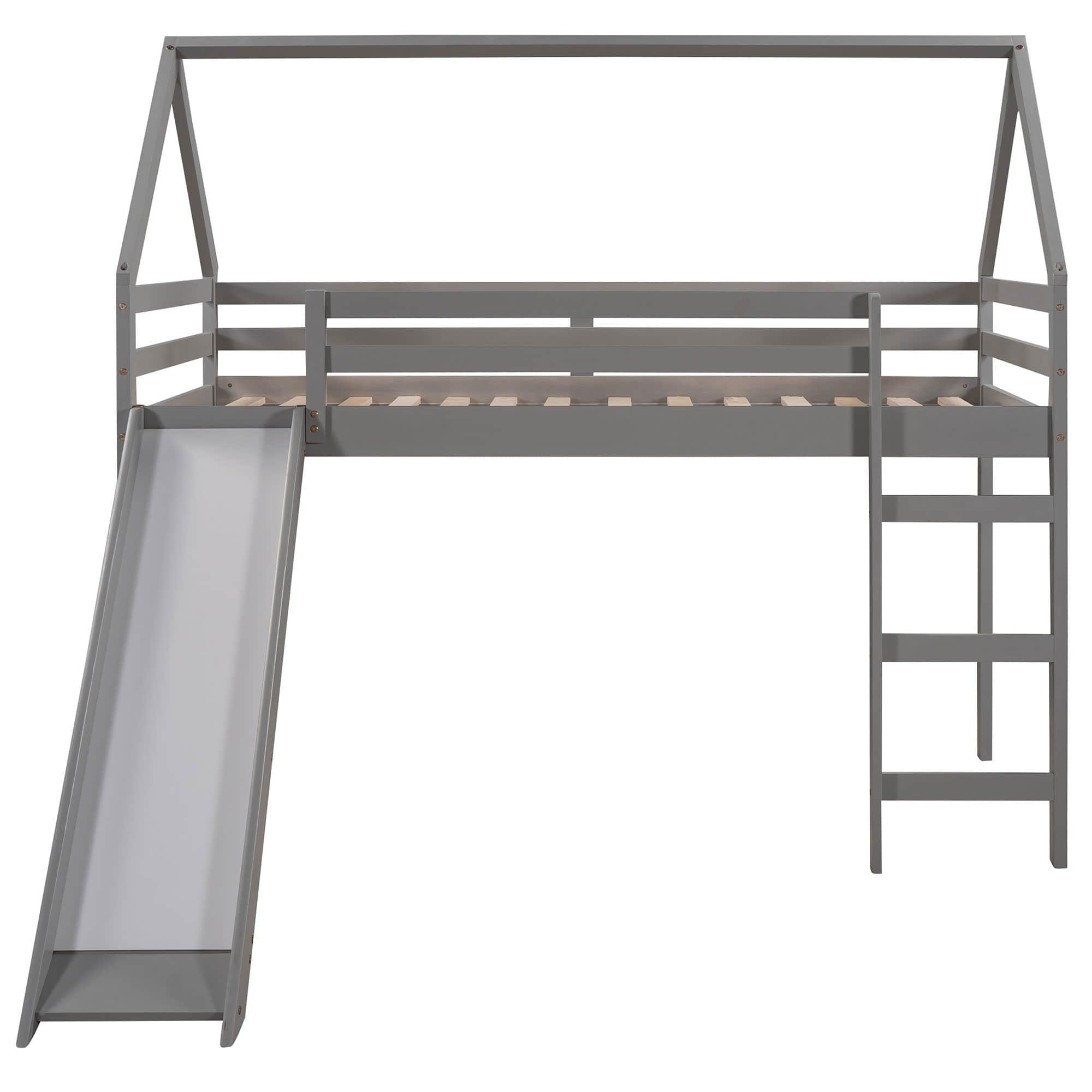 Wood House Twin Loft Bed for Kids with Slide