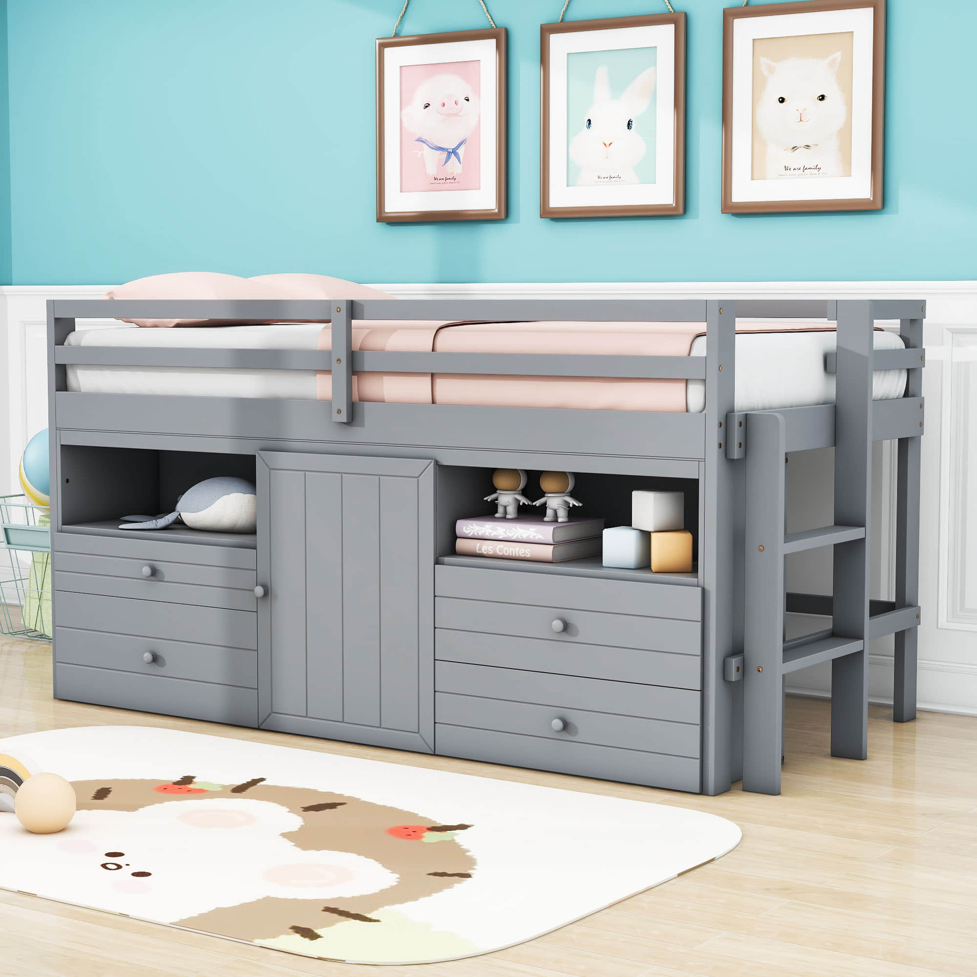 Low Twin Loft Bed Frame with Storage for Kids - [Drawers, Cabinet, Shelves]