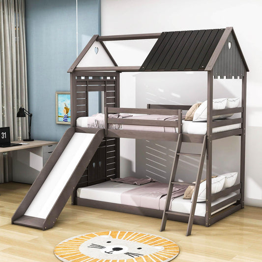 Low Twin Over Twin FarmHouse Bunk Beds with Slide for Kids, Toddler - [Wood, Floor]