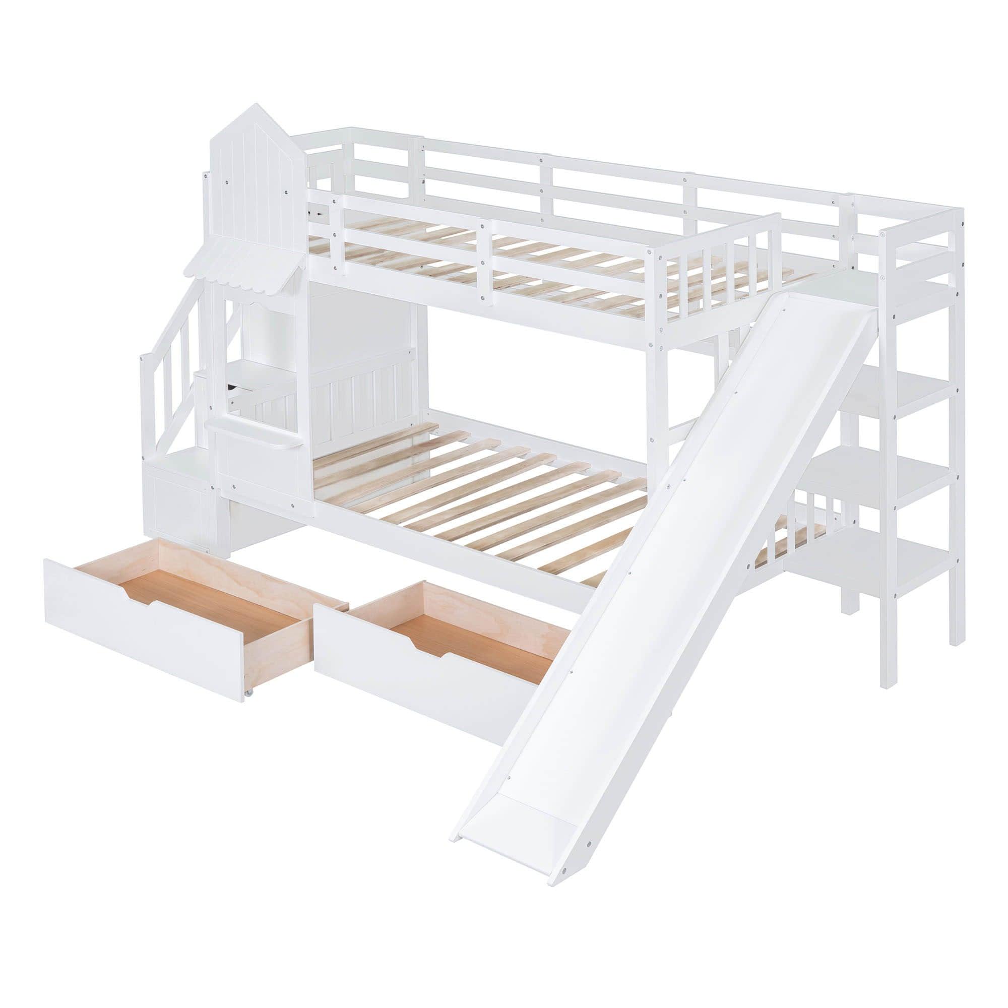 Girls Twin Over Twin Castle Bunk Bed with Slide and Stairs, Storage