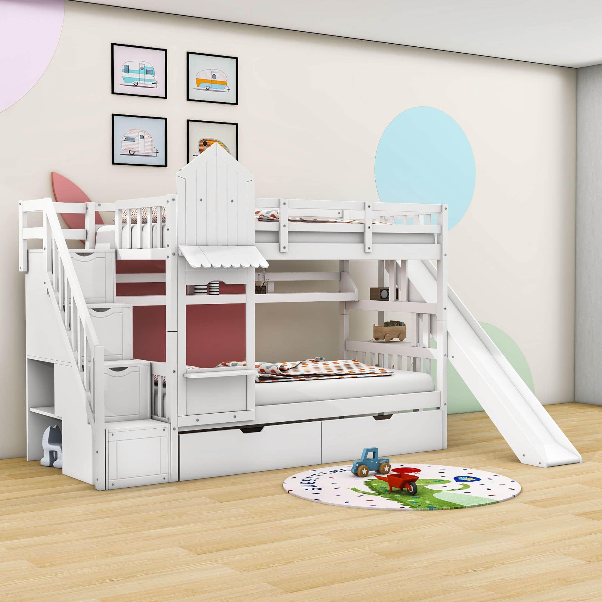 Girls Twin Over Twin Castle Bunk Bed with Slide and Stairs, Storage