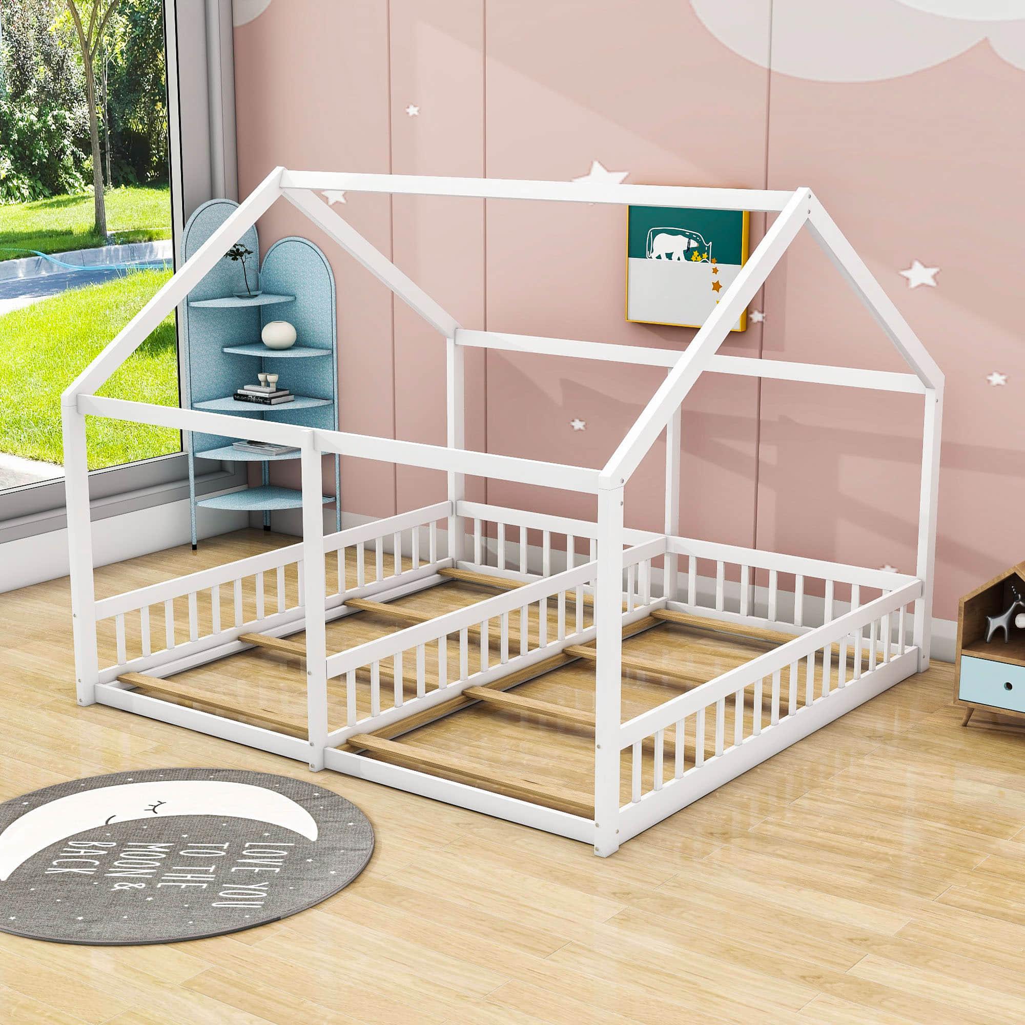 Montessori Double Twin House Floor Bed with Rails for Kids, Toddler