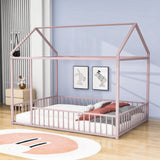 Full Size Metal House Toddler Floor Bed with Rails for Boys and Girls