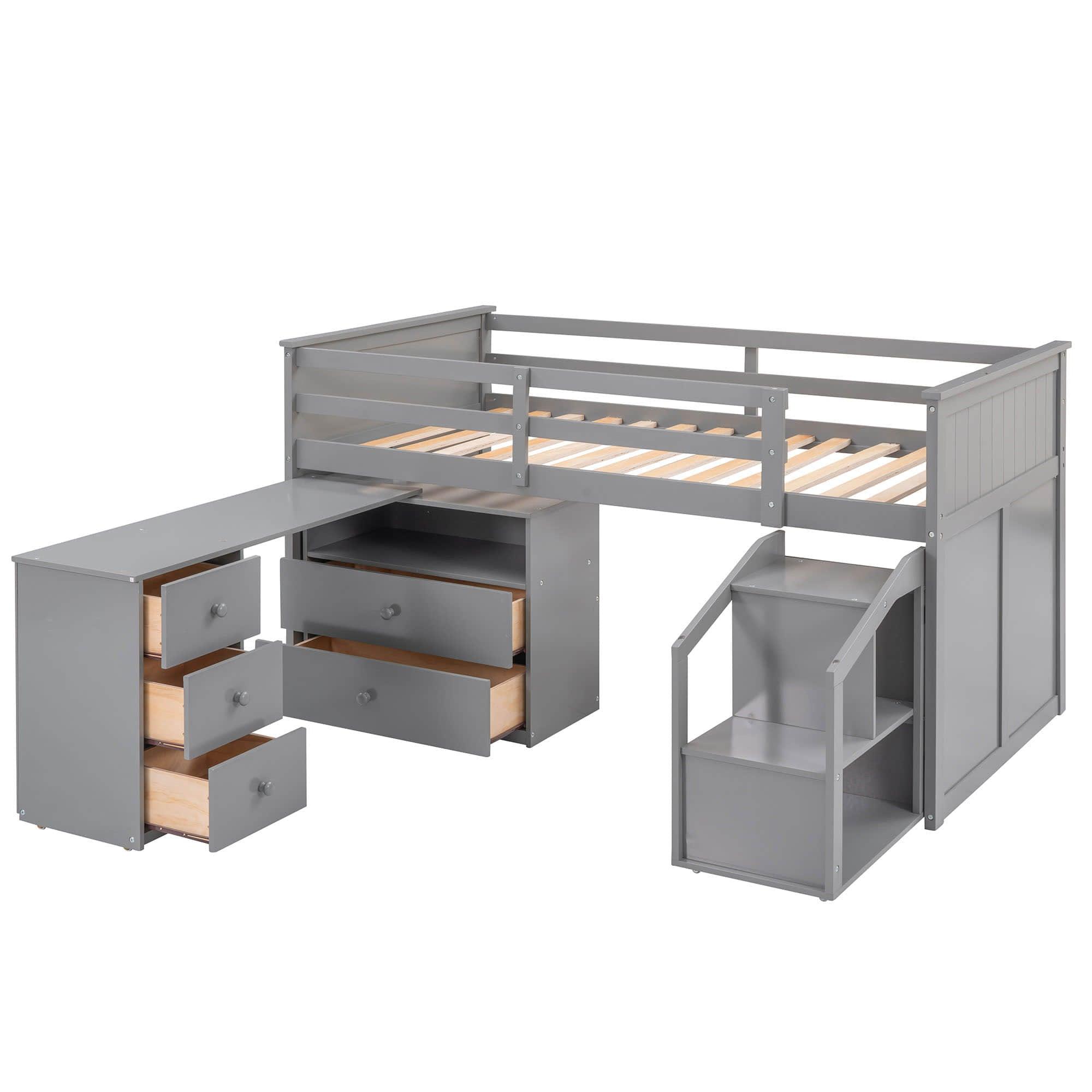 Low Twin Loft Bed with Portable Desk and Stairs, Storage - [Wood, Drawers, Shelves]