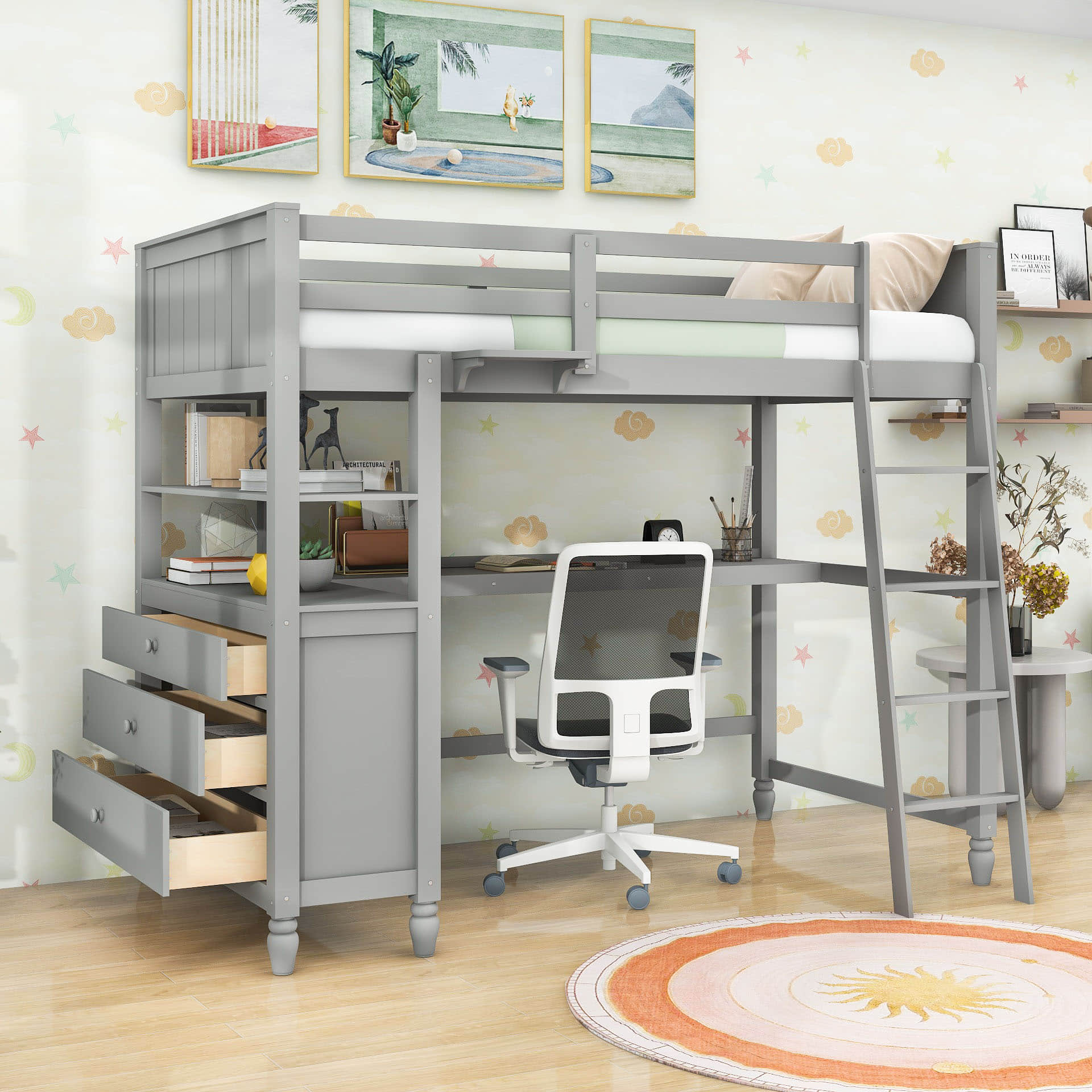 Twin Size Convertible Loft Bed with Desk and Storage - [Dresser, Shelves]