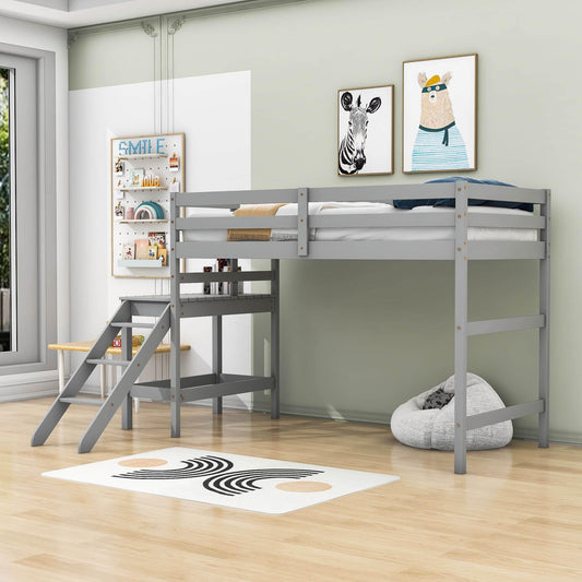 Wooden Twin Loft Bed with Ladder Platform for Adults, Junior