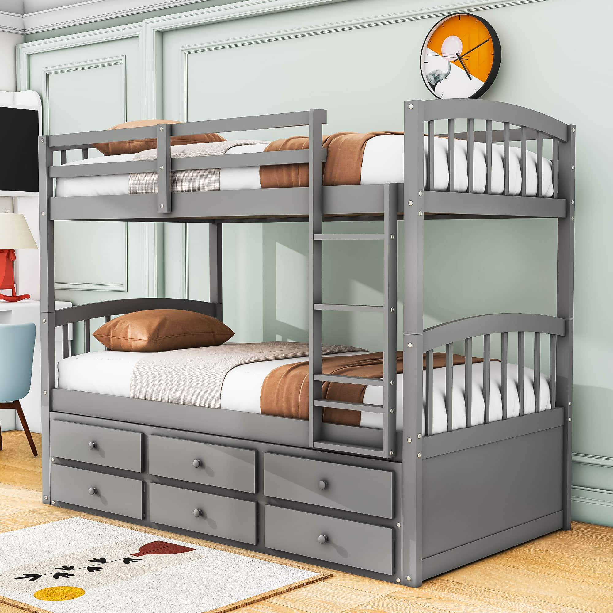 Convertible Twin Over Twin Bunk Beds for Kids Adults with Trundle and Storage - [Wood, Drawers]